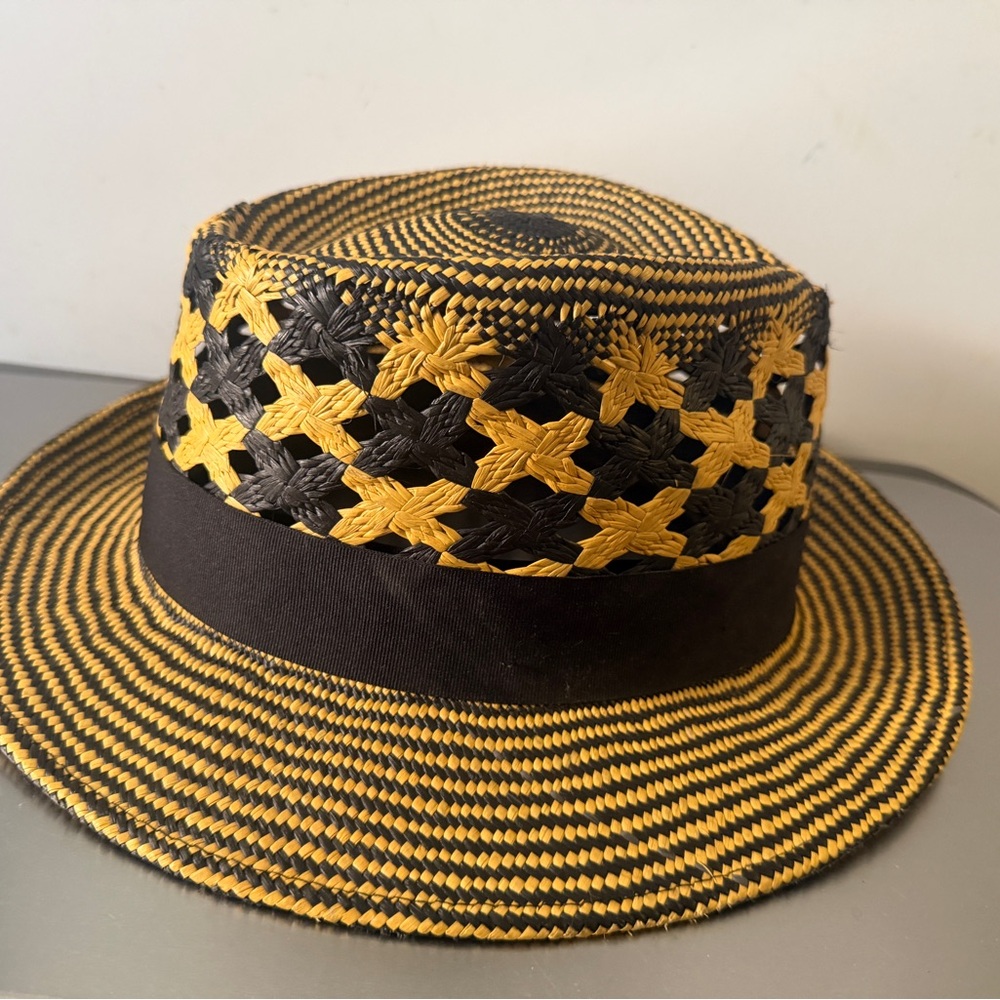 Truffaut Panama hatmakers navy yellow intricate woven hat size large